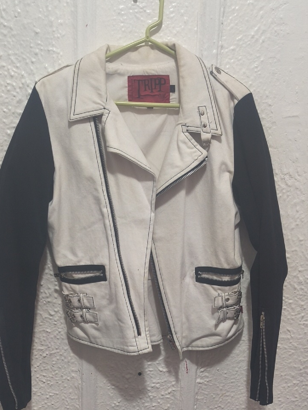 Tripp NYC Two-Tone White Body Black Sleeve Moto Jacket
